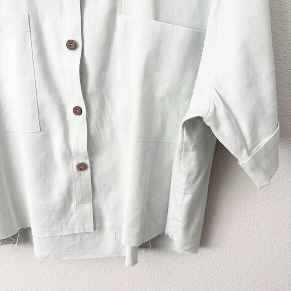 SHORE x NORDSTROM | Light Green Collared Short Sleeve Button Linen Blend | XL - Picture 3 of 8